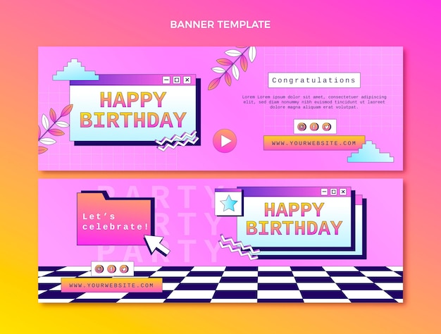 Vector gradient retro vaporwave birthday horizontal banners