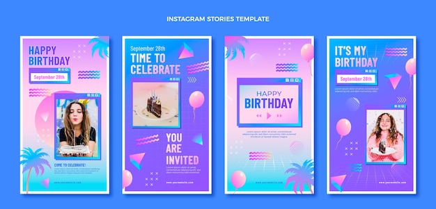 Vettore storie di compleanno sfumate retrò vaporwave ig