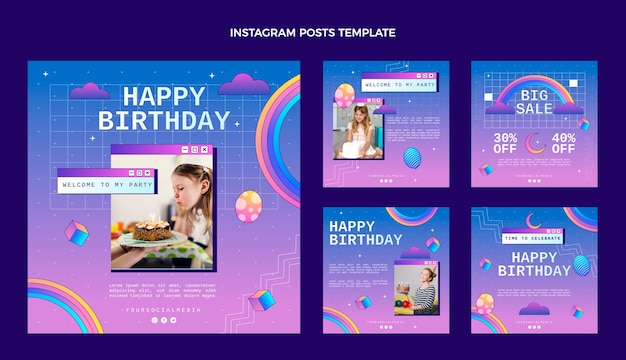 Vector gradient retro vaporwave birthday instagram post