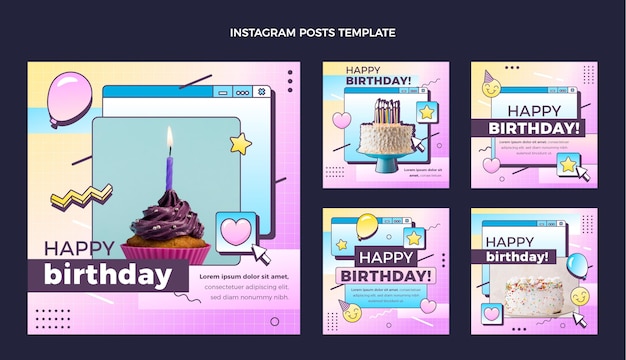 Vector gradient retro vaporwave birthday instagram posts collection