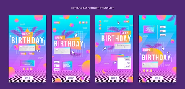 Vettore storie di instagram di compleanno sfumate retrò vaporwave