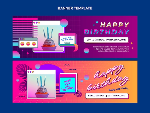 Vector gradiënt retro vaporwave verjaardag horizontale banners