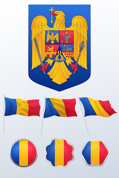 Vector gradiënt roemeense vlag en nationale emblemen collectie