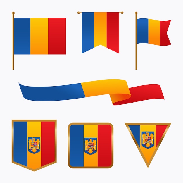Набор градиентных румынских флагов и национальных гербов