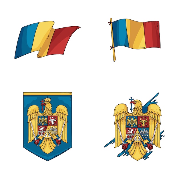 Vector gradient romanian flags and national emblems set