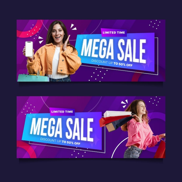 Vector gradient sale banners set with photo