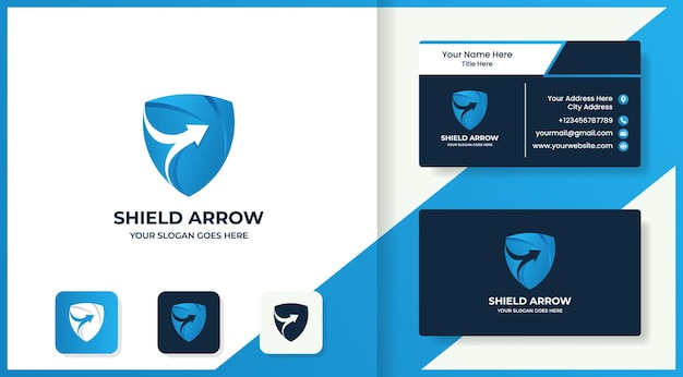 Vector gradient shield arrow logo design and business card