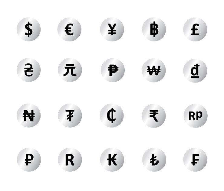 Vector gradient silver icon symbol bundle of popular international currency editable graphic element