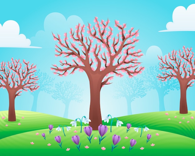 Gradient spring field landscape background with a sakura tree