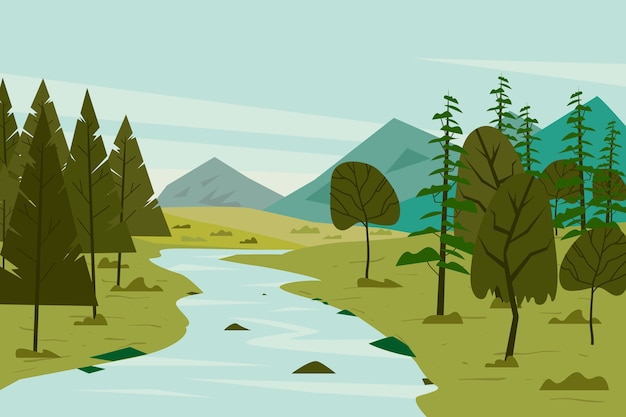 Vector gradient spring landscape with river and trees