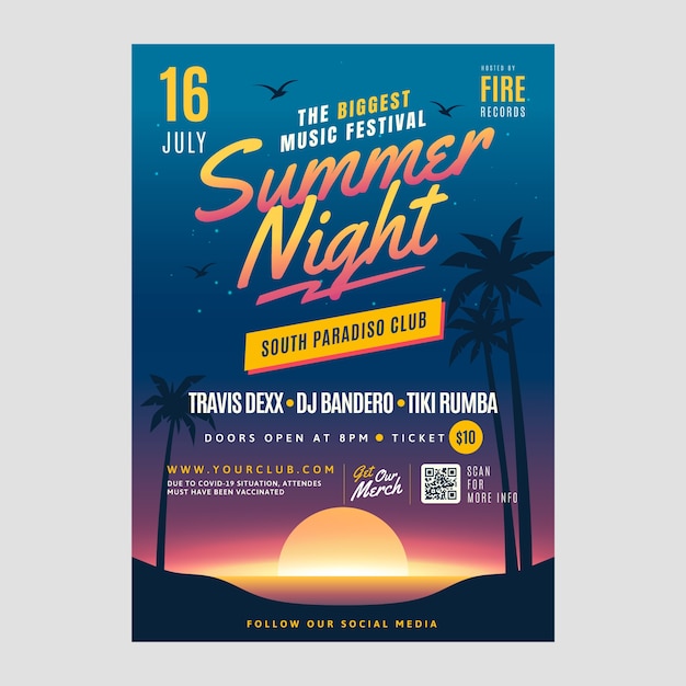 Шаблон плаката градиентной летней ночной вечеринки с видом на пляж