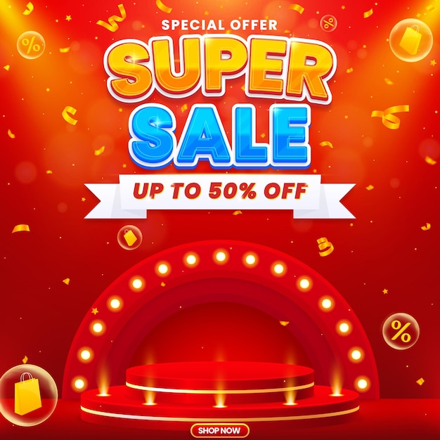 Gradiënt super sale banner ontwerp sjabloon met podium geïsoleerd op abstracte achtergrond