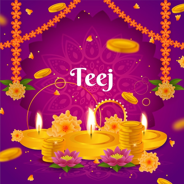 Vector gradient teej illustration with candles and flowers