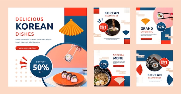 Vector gradient traditional korean food instagram posts collection