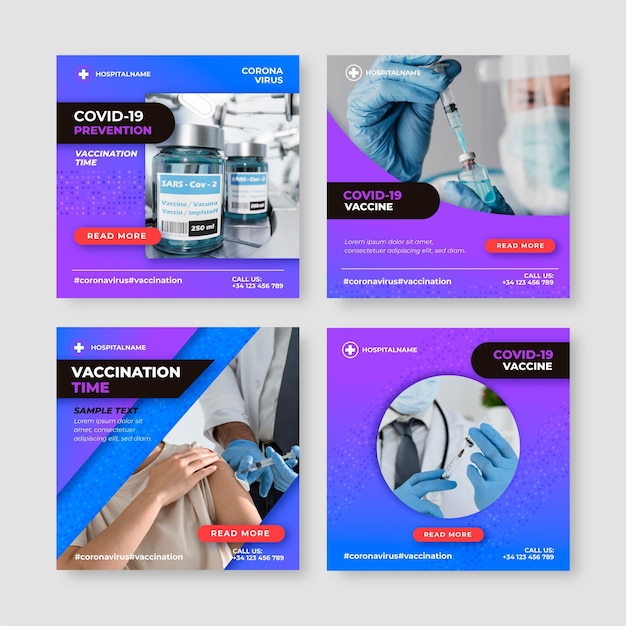 Vector gradient vaccine instagram post collection with photos