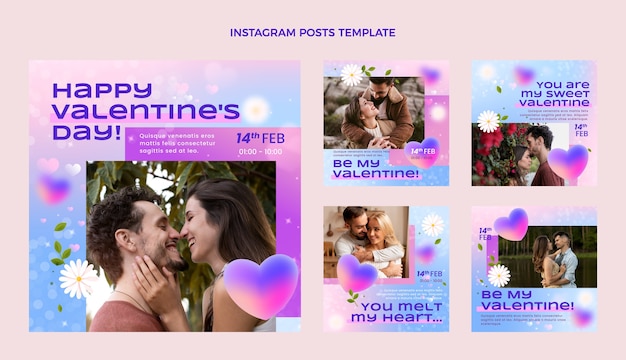 Vettore raccolta di post instagram di san valentino sfumato