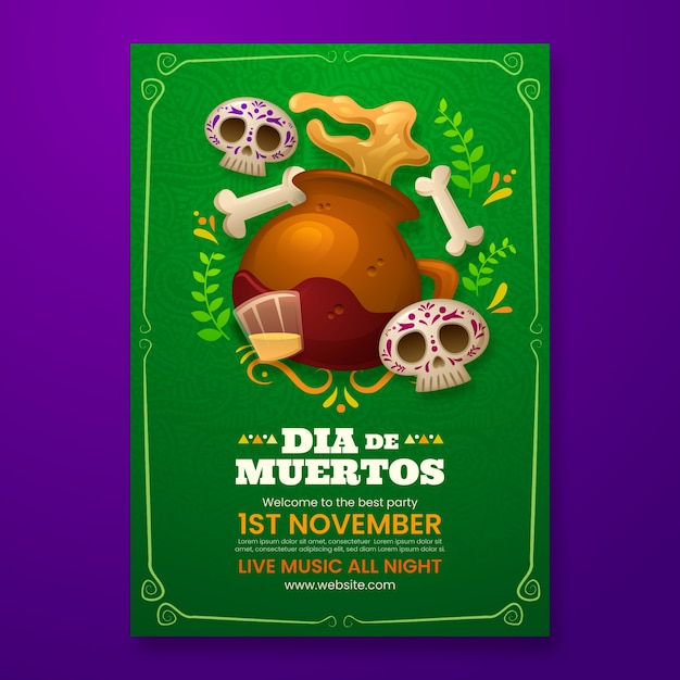 Vector gradient vertical poster template for dia de muertos celebration