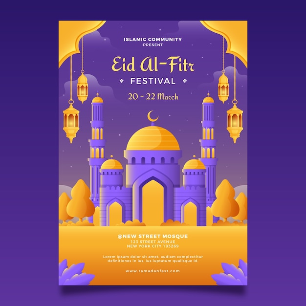 Vettore modello di poster verticale sfumato per la celebrazione di eid al-fitr