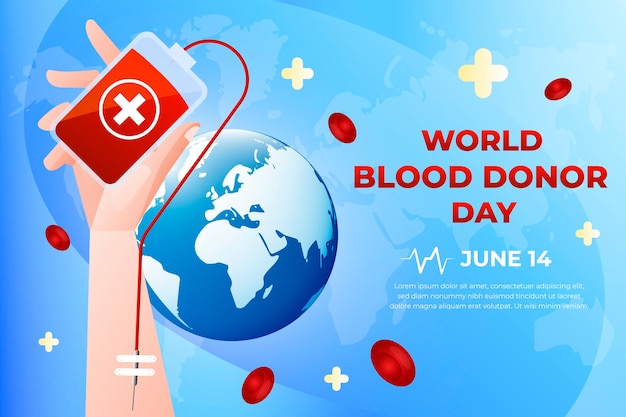 Vector gradient world blood donor day illustration with hand and transfusion