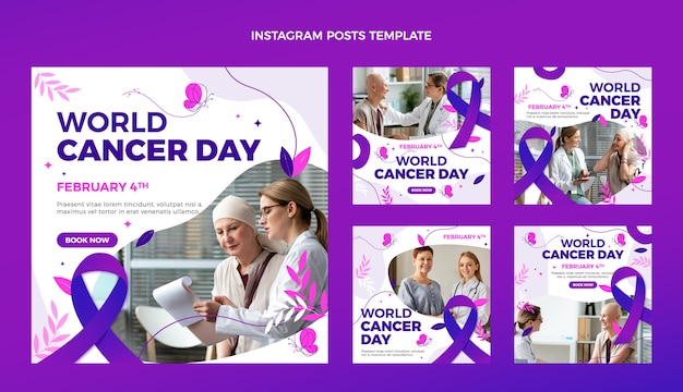 Vettore raccolta di post su instagram per la giornata mondiale del cancro sfumata