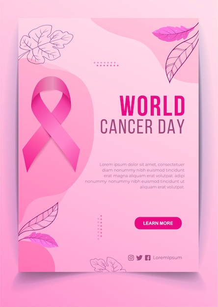 암의 날 리본과 잎이 있는 그라데이션 세계 암의 날 수직 포스터 템플릿