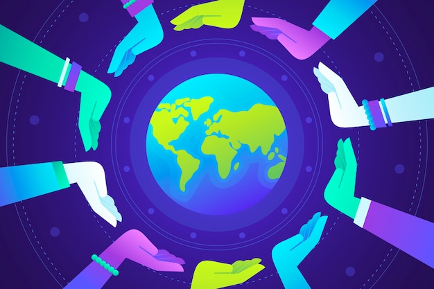 Vector gradient world population day background with planet and protective hands