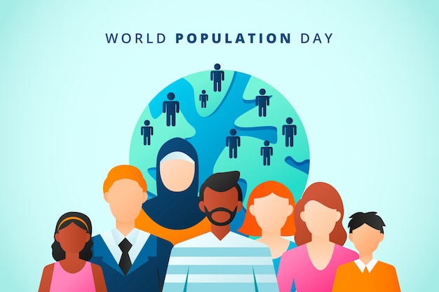 Vector gradient world population day illustration with people and planet