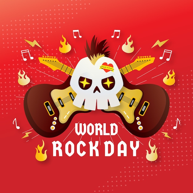 Gradient world rock day illustration with guitars and skull