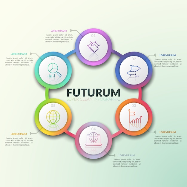 Gradiëntkleurig rond diagram met 6 onderling verbonden cirkelvormige elementen, cijfers en dunne lijnpictogrammen erin en tekstvakken.