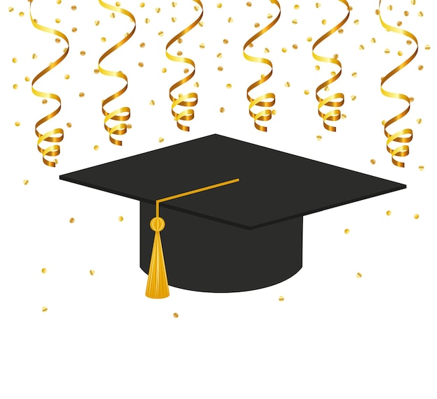 背景に金色の紙吹雪が落ちる大学院の帽子と卒業証書