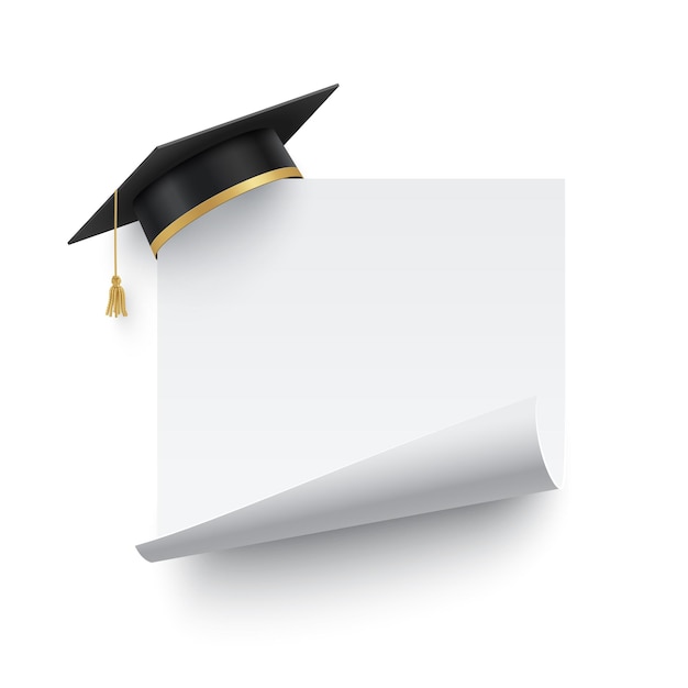 Cappello da laureato su banner bianco con bordo arricciato cappello da laurea con bordo bianco o adesivo simbolo e premio per l'istruzione accademica e il successo
