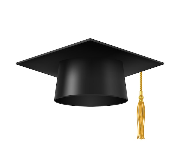 ベクトル タッセル付きグラデュエイトキャップ。金色のタッセルが付いた孤立した大学、大学、またはアカデミーの学生の四角い帽子。学術および高校教育の学位、教授および知識3d現実的なベクトル記号