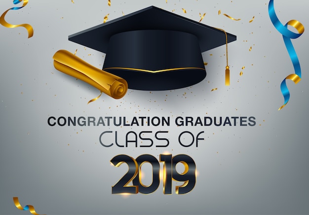 Graduate caps and confetti on a white background