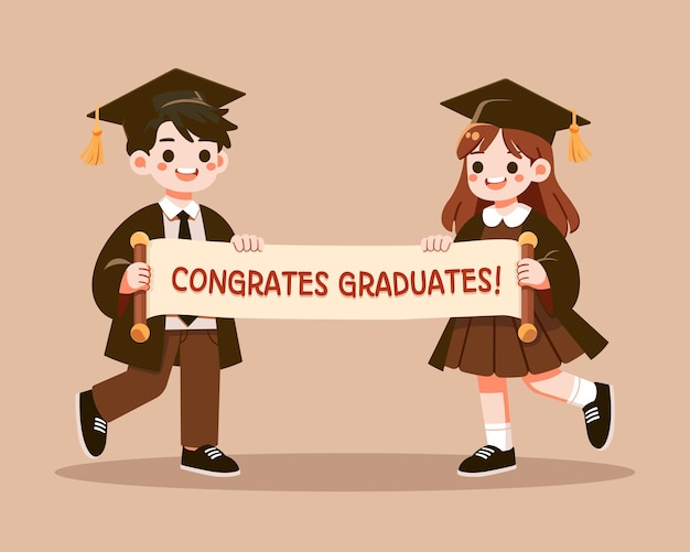 Vector graduate couple holding a banner