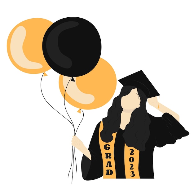 Vector graduate girl in a costume with balloons graduation 2023 faceless