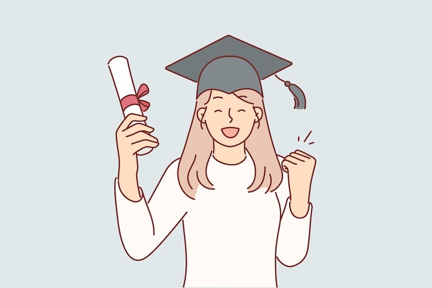 Вектор Выпускница в студенческой шляпе университета счастливо машет руками после сдачи экзаменов и имеет сертификат о высшем образовании успешная выпускница колледжа празднует выпускной