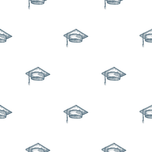 Graduate hat engraved seamless pattern vintage element education in hand drawn style sketch texture for fabric wallpaper textile print title wrapping paper vector illustration