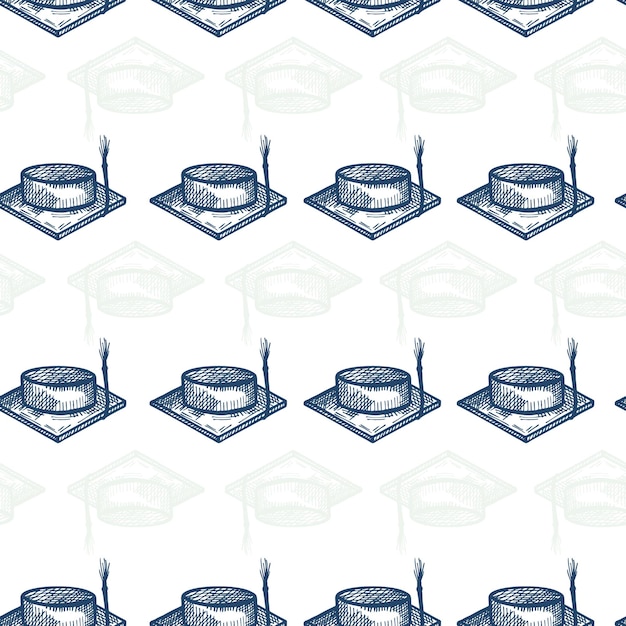 Graduate hat engraved seamless pattern Vintage element education in hand drawn style Sketch texture for fabric wallpaper textile print title wrapping paper Vector illustration