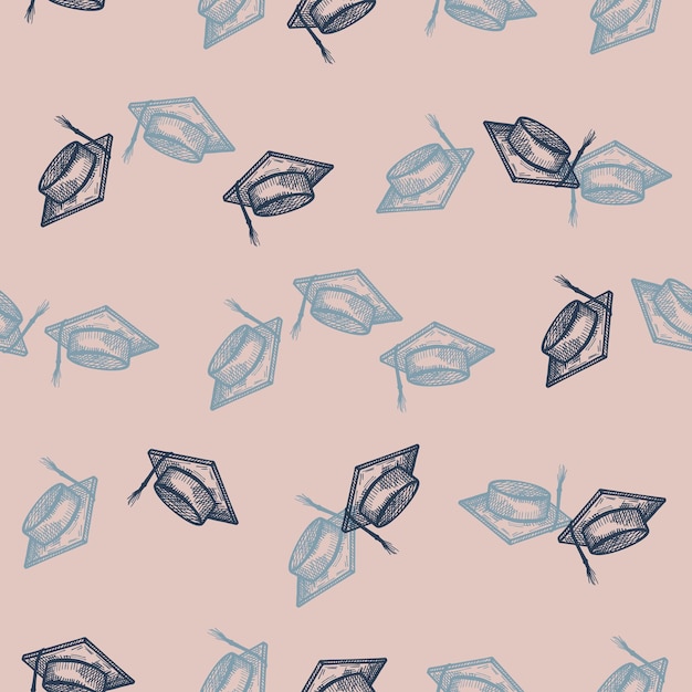 Graduate hat engraved seamless pattern Vintage element education in hand drawn style Sketch texture for fabric wallpaper textile print title wrapping paper Vector illustration