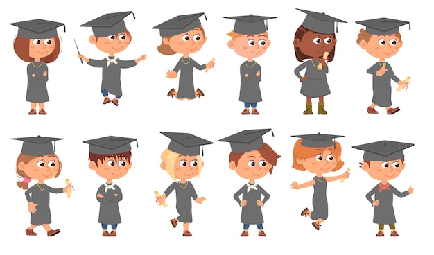 Graduate kids Graduation cartoon boy and girl isolated student with certificate Education characters success in study Academic children decent vector set