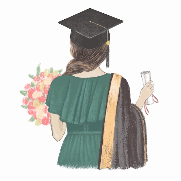 Vector graduated girl with certificate back view hand drawn illustration