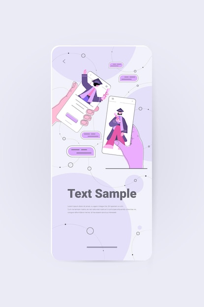 Studenti laureati su schermi di smartphone che chattano in app mobile laureati che celebrano diploma accademico laurea istruzione online concetto di comunicazione spazio di copia verticale
