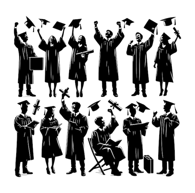 Graduates celebrating their graduation silhouettes collection vector