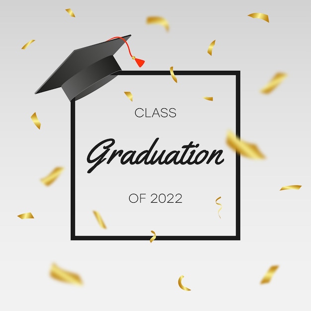 Vector graduating class of 2022 template for card banner poster with gold confetti frame and mortarboard