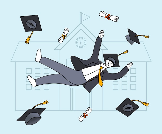 Graduating college student is being tossed around illustration set suit diploma graduation cap