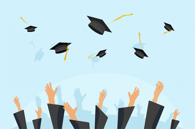 Graduating students or pupil hands in gown throwing graduation caps in the air