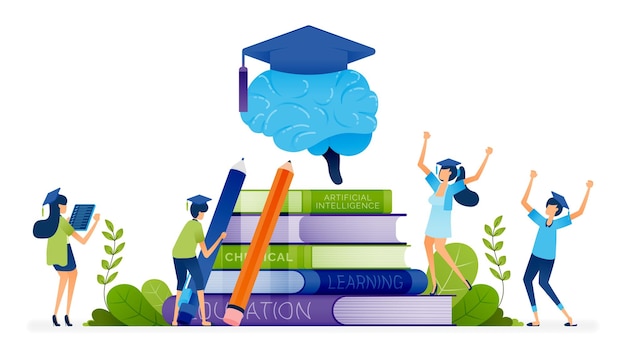 Вектор Выпускники окружают груды книг и мозги в выпускных платьях к знаниям