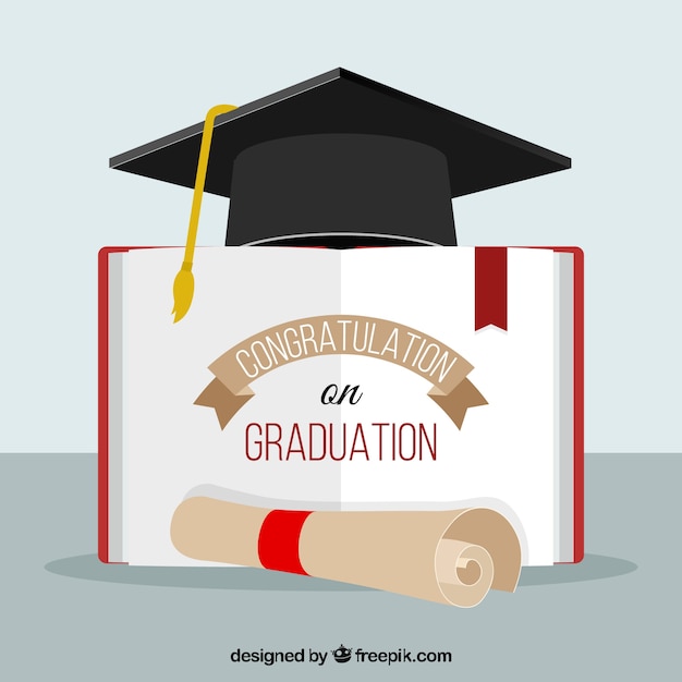graduation background with bireta, diploma and open book