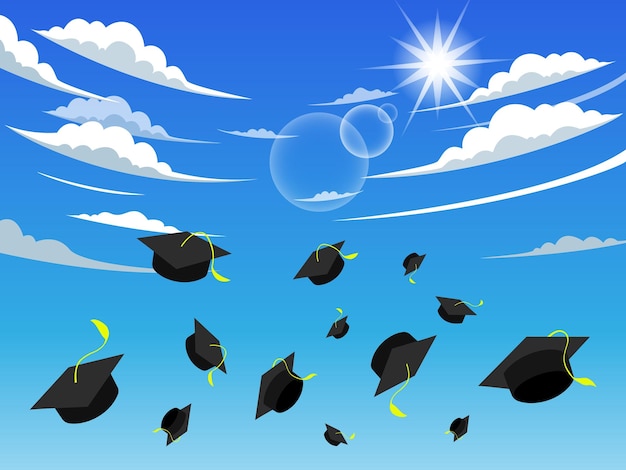 Vector graduation background with mortarboards and sky view