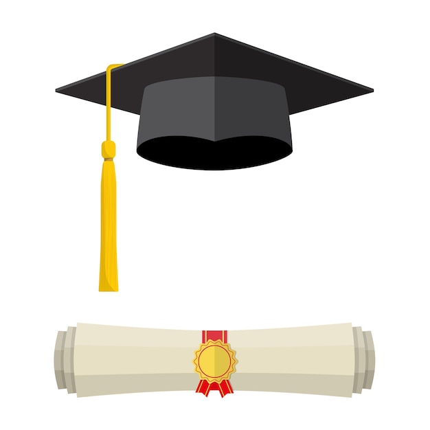 졸업 모자와 스탬프가 있는 압연된 졸업장 스크롤. 교육 개념을 마칩니다. 흰색 배경에 고립 된 평면 스타일의 그림입니다.